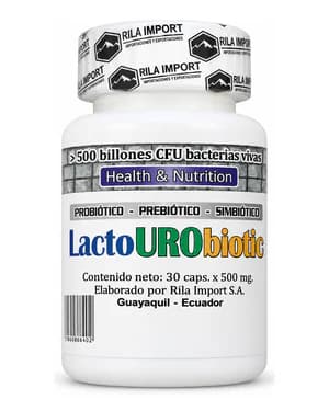 Lacto Urobiotic de Lactina, frasco de 30 cápsulas, vista frontal del envase