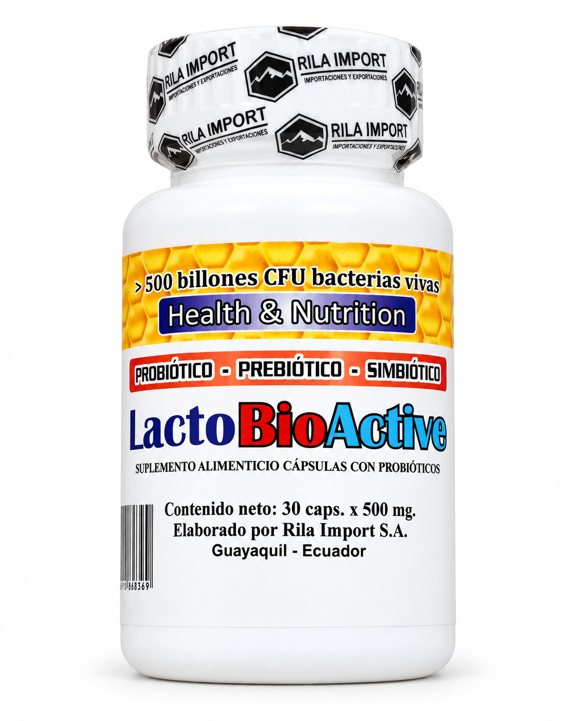 LACTO BIOACTIVE - PROBIOTICO 500 BILLONES DE CFU 1 Lacto BioActive, frasco de cápsulas, vista frontal