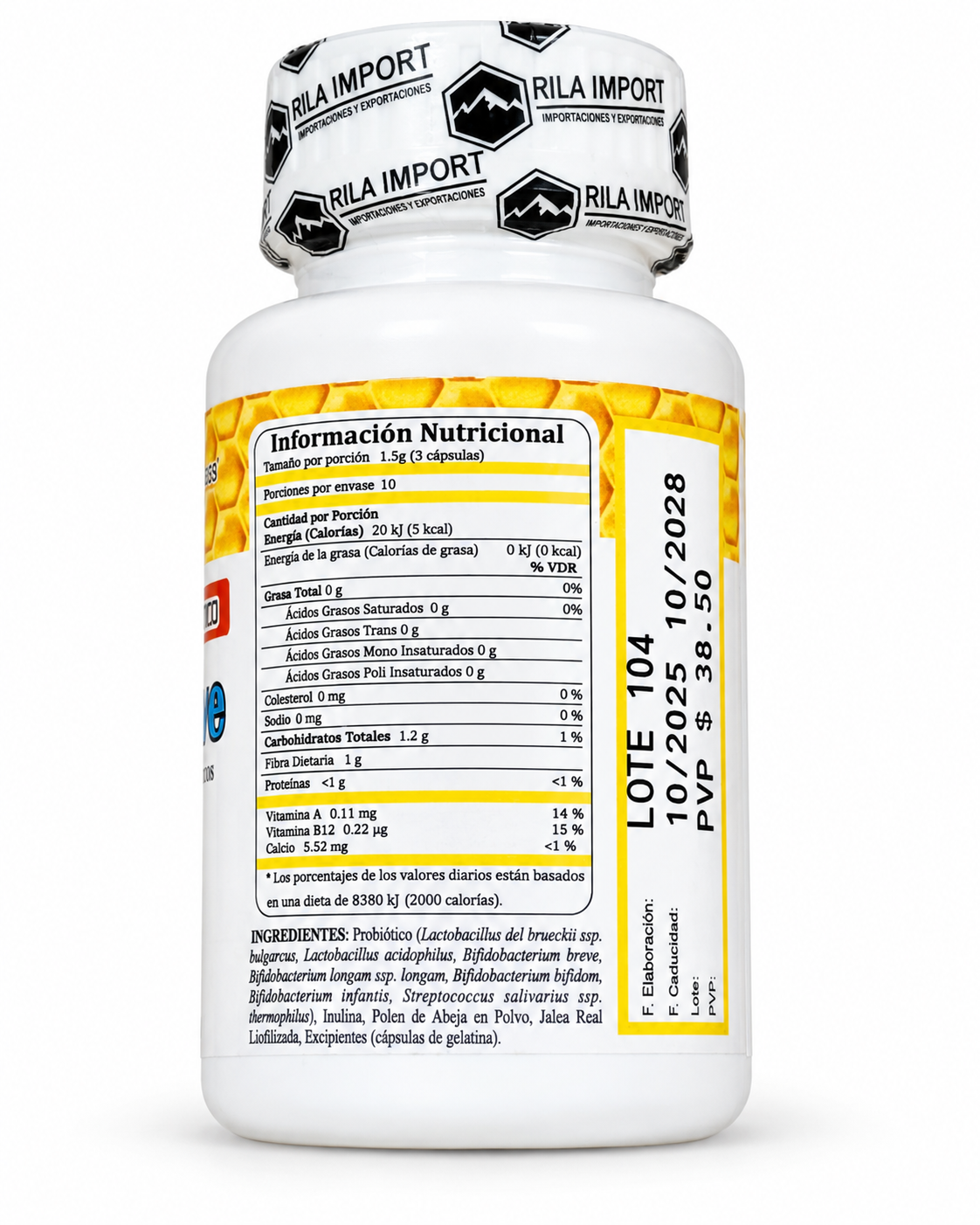 LACTO BIOACTIVE - PROBIOTICO 500 BILLONES DE CFU 3 Lacto BioActive, información nutricional del frasco