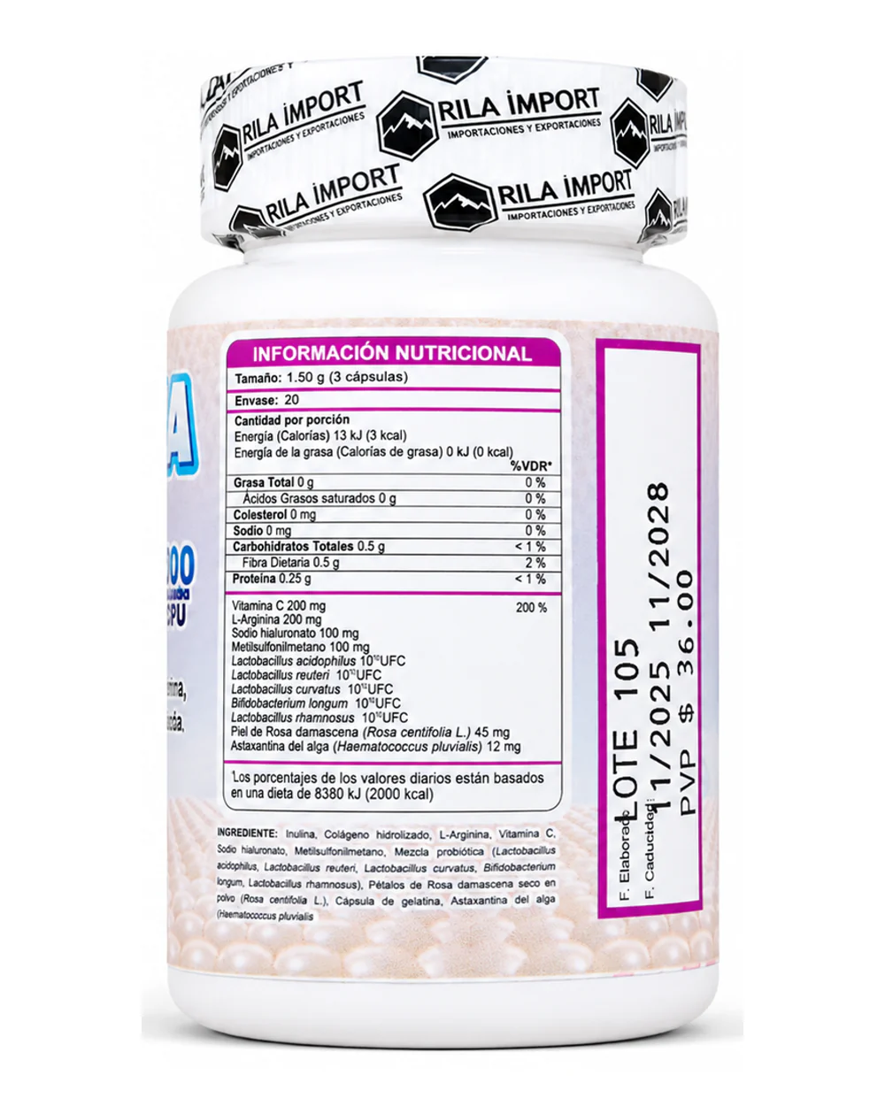 Asthax Derm - Simbiotico con L-arginina y Antioxidantes para uso tópico 2 Etiqueta informativa de Asthaxa Derm, frasco de 60 cápsulas