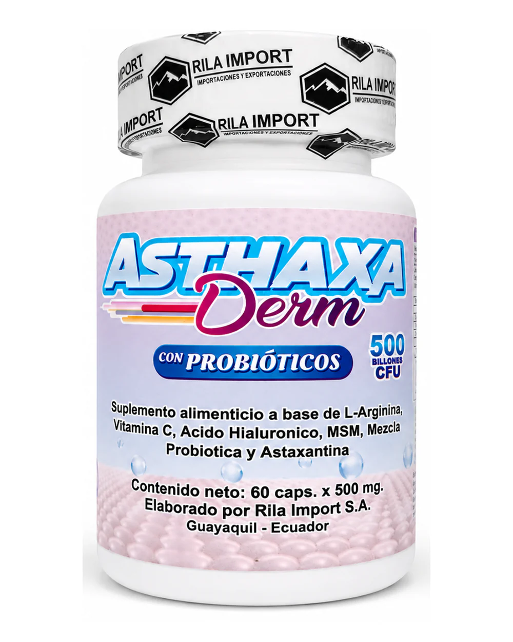 Asthax Derm - Simbiotico con L-arginina y Antioxidantes para uso tópico 1 Asthaxa Derm, frasco de 60 cápsulas, vista frontal del envase