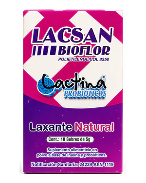 Lacsan Bioflor de Lactina, caja de 10 sobres, vista frontal del envase