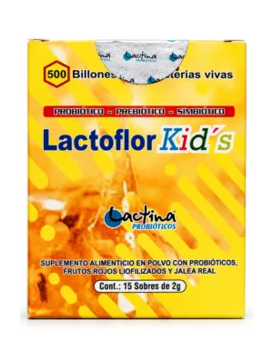 Lactoflor Kids, caja de 15 sobres, vista frontal del envase