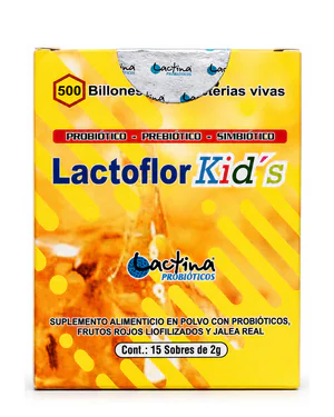 Lactoflor Kids de Lactina, caja de 15 sobres, vista frontal del envase